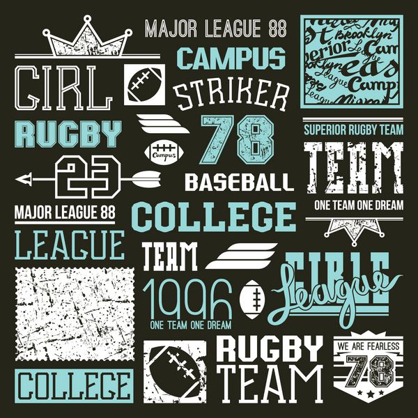 عناصر طراحی تیم راگبی و بیسبال در سبک رترو طراحی گرافیکی مد روز برای تی شرت چاپ رنگی روی پس زمینه مشکی