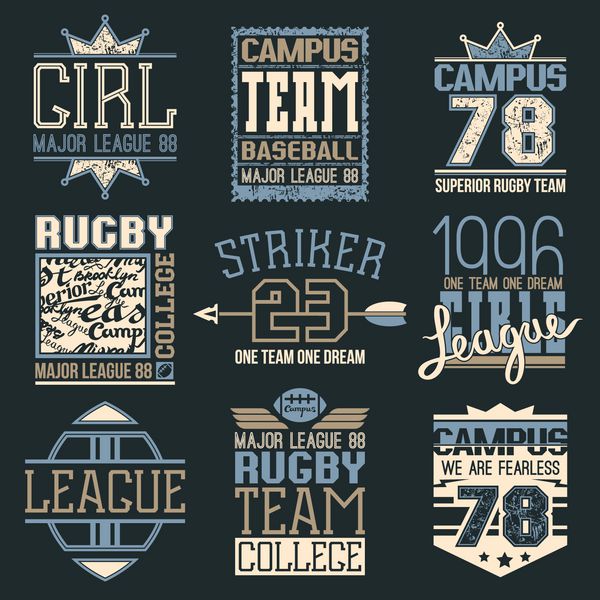 نشان‌های تیم کالج راگبی و بیسبال به سبک رترو طراحی گرافیکی مد روز برای تی شرت چاپ رنگی روی پس زمینه تیره