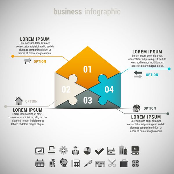وکتور از اینفوگرافیک کسب و کار با پاکت ساخته شده از پازل
