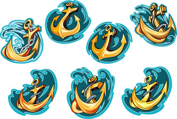 لنگر کارتونی زرد روی امواج آبی دریا با زنجیر و طناب برای نشان یا طرح دریایی