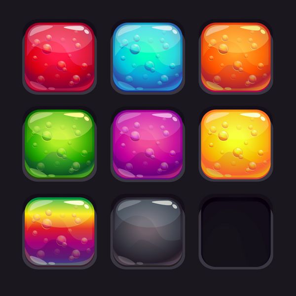 مجموعه ای از عناصر براق مربعی برای طراحی بازی یا وب دکمه های شیشه ای رنگارنگ با حباب
