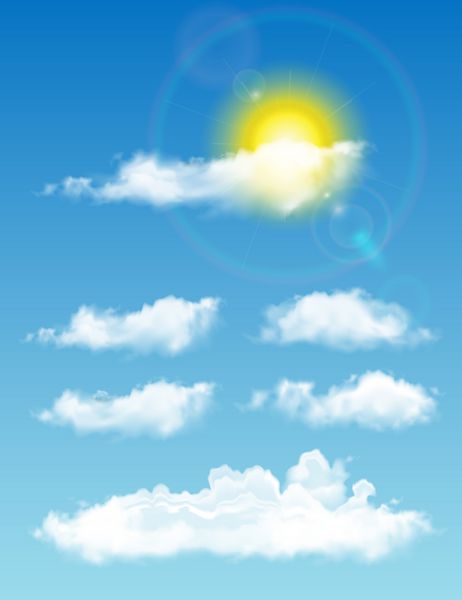 ابرهای واقعی شفاف آسمان آبی با خورشید و ابر