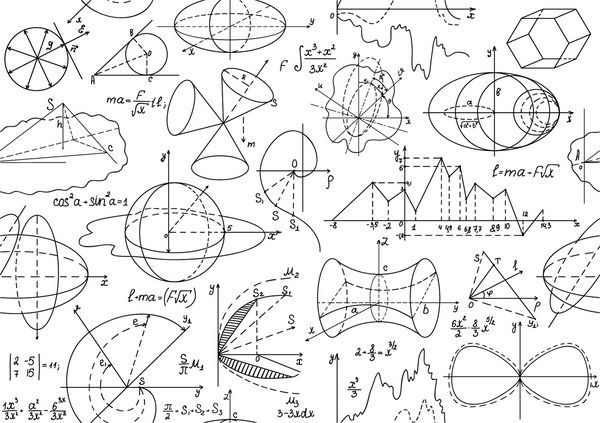 بردار الگوی ریاضی بدون درز با ارقام ریاضی محاسبات و نمودارها دست نوشته روی کاغذ سفید