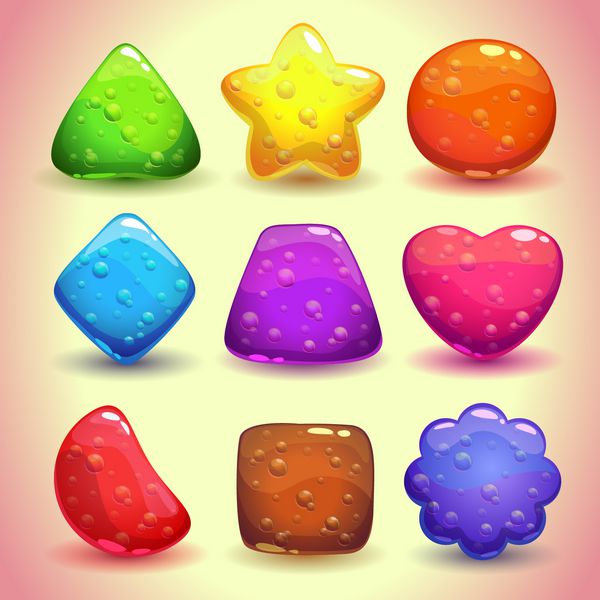 مجموعه ای از چهره های ژله ای روشن با حباب ها عناصر رنگارنگ بازی