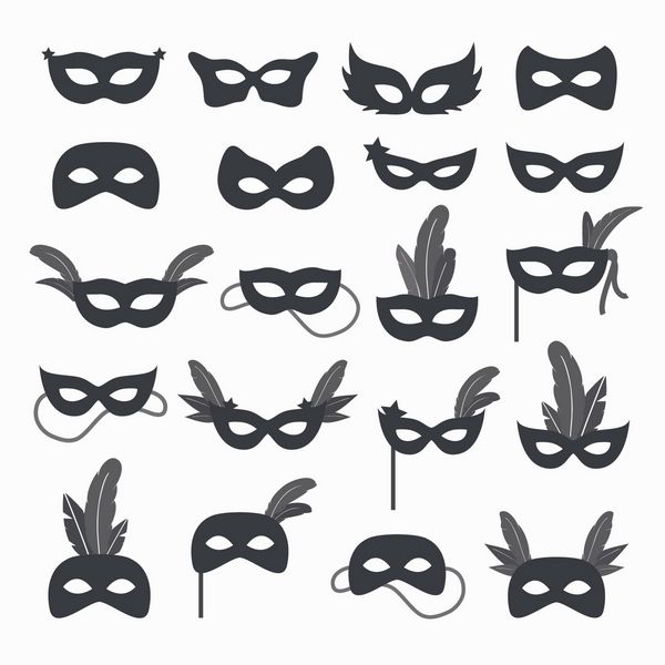 مجموعه ای از ماسک های کارناوال ایزوله سیاه و سفید
