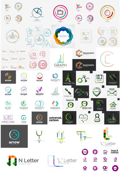 مجموعه ای از لوگوهای مختلف شرکت جهانی - حروف نمادهای تجاری حلقه ها مفاهیم فلش ها بی نهایت