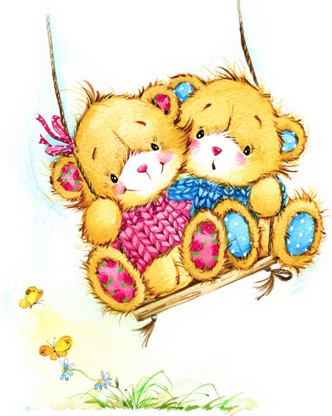 خرس عروسکی و و تاب پس زمینه برای کارت های تبریک تصویر آبرنگ