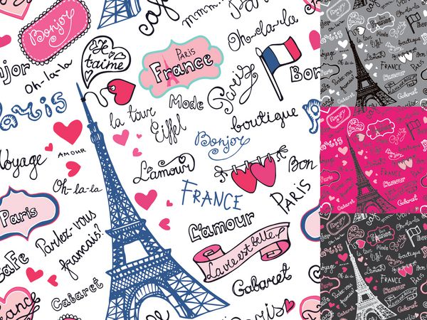 نمادهای پاریس حروف نشان‌ها با الگوی بدون درز مجموعه پس‌زمینه طرح‌دار ابله کشیده شده با دست واژه‌های فرانسوی سفر خوب فرانسوی صحبت کن سلام زندگی زیباست برج ایفل عشق دوستت دارم وکتور رنگی