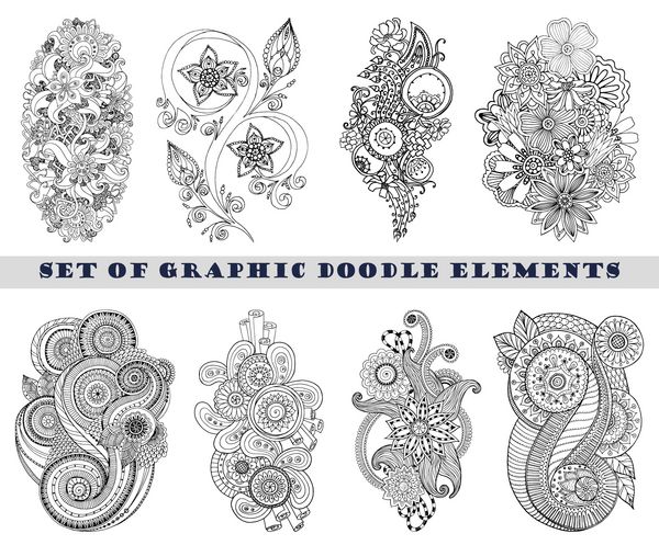 مجموعه ای از حنا پیزلی mehndi doodles انتزاعی وکتور گل عنصر طراحی تصویر نسخه سیاه و سفید به علاوه رنگی