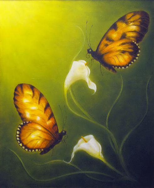 یک نقاشی رنگ روغن زیبا روی بوم از یک دو پروانه که به سمت یک گل کالا می‌جنگد