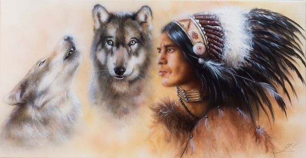 یک نقاشی با قلم مو زیبا از یک جنگجوی هندی جوان همراه با دو گرگ