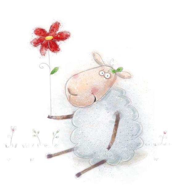 گوسفندهای کارتونی زیبا با گل قرمز تولدت مبارک کارت تبریک ولنتاین یا روز مادر پوستر اتاق کودک