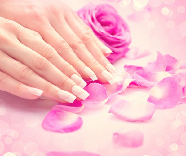 مانیکور آبگرم دست‌ها دست‌های زنانه زیبا پوست نرم ناخن‌های زیبا با گلبرگ‌های گل رز صورتی دست های زن سالم سالن زیبایی درمان زیبایی ناخن های زیبا با مانیکور فرانسوی