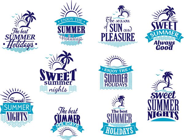 برچسب ها یا نمادهای تعطیلات تابستانی با طلوع خورشید کف دست و امواج در سایه های رنگ آبی برای طراحی صنعت سفر و گردشگری