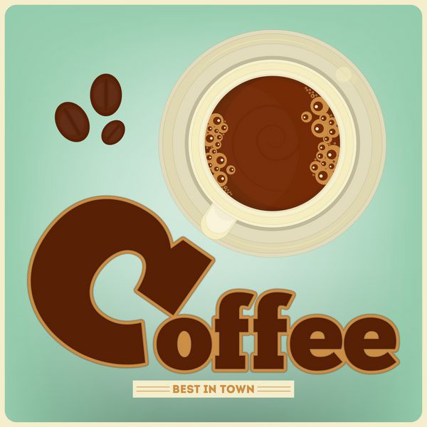 کارت قهوه - فنجان قهوه و دانه های قهوه در پس زمینه آبی - تبلیغات منوی جلد وکتور
