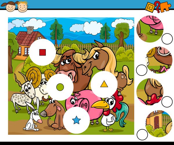 تصویر وکتور کارتونی بازی آموزش قطعات مسابقه برای کودکان پیش دبستانی