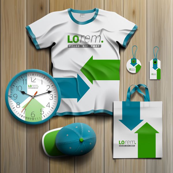 طراحی سوغاتی تبلیغاتی سفید برای هویت سازمانی با فلش های آبی و سبز مجموعه لوازم التحریر