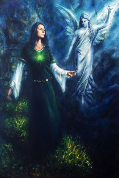 نقاشی روی بوم زنی عرفانی با لباس تاریخی در حال رویارویی رویایی با فرشته نگهبانش در معبدی از طبیعت