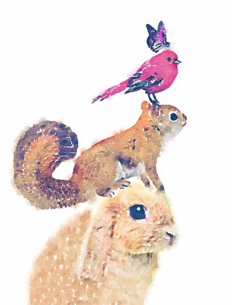 تصویر خرگوش سنجاب قرمز آبرنگ پرنده پروانه تصویر تی شرت گرافیکی پرندگان زیبا برای طراحی شما آبرنگ آبرنگ چاپ هنر عید پاک