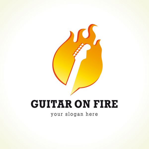 آرم قالب برای یک گروه یا یک موسیقی به شکل یک گیتار در آتش لوگوی گیتار روی آتش