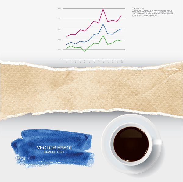 بافت کاغذ پرنعمت پاره شده و فنجان قهوه با آبرنگ برس خورده و نمودار تجاری انتزاعی وکتور پس زمینه اینفوگرافیک برای طراحی قالب