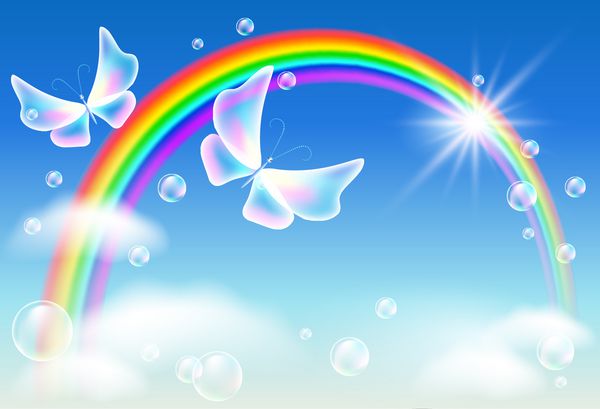 پرواز دو پروانه شفاف در آسمان با رنگین کمان و ابرها