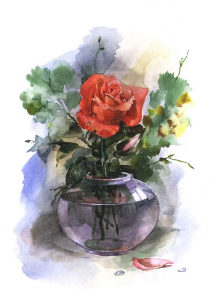گل های آبرنگ در یک گلدان شیشه ای