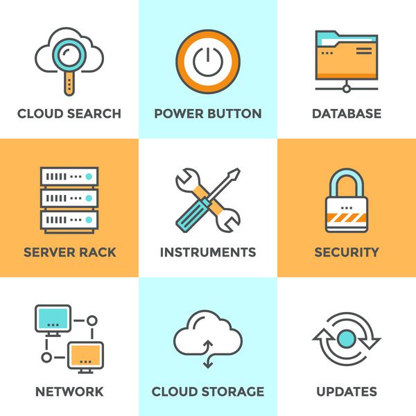 مجموعه آیکون‌های خط با عناصر طراحی مسطح فناوری ارتباطات رایانش ابری سرویس میزبانی اینترنت اشتراک‌گذاری پوشه شبکه ابزارهای فنی مفهوم مجموعه پیکتوگرام وکتور مدرن
