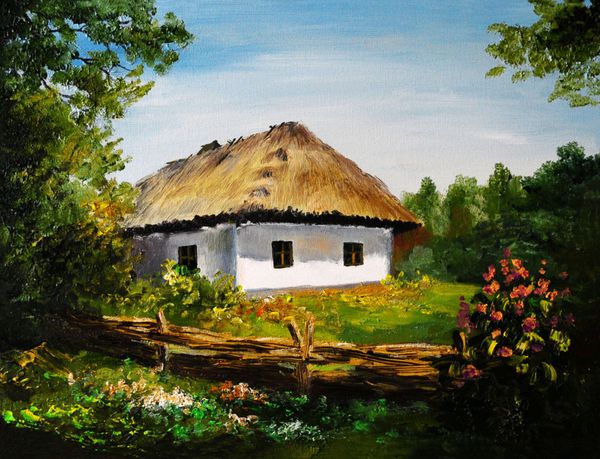 نقاشی رنگ روغن - خانه ای در روستا