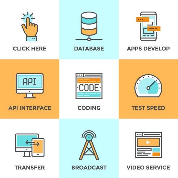 مجموعه آیکون های خط با طراحی مسطح برنامه با رابط api کدنویسی و آزمایش وب سایت شبکه داده های بزرگ و پایگاه داده فناوری انتقال تلفن همراه توسعه می یابد مفهوم مجموعه پیکتوگرام وکتور مدرن