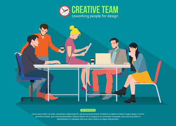 تیم خلاق مفهومی ملاقات کاری و همکاری افراد برای طراحی شما صحبت کردن و کار کردن افراد سر میز در دفتر وکتور طرح مسطح با pl برای متن