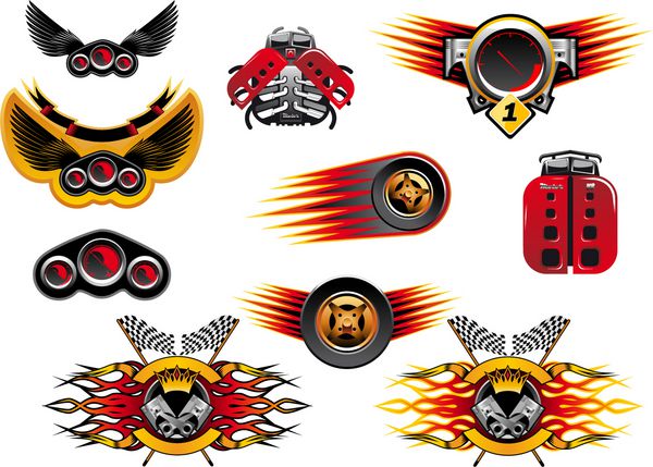 نمادهای رنگارنگ ورزش موتوری و مسابقه‌ای با چرخ‌هایی با مسیرهای سرعت یا شعله‌های آتش نشان‌های بالدار و پرندگان بانوی مکانیکی شیک