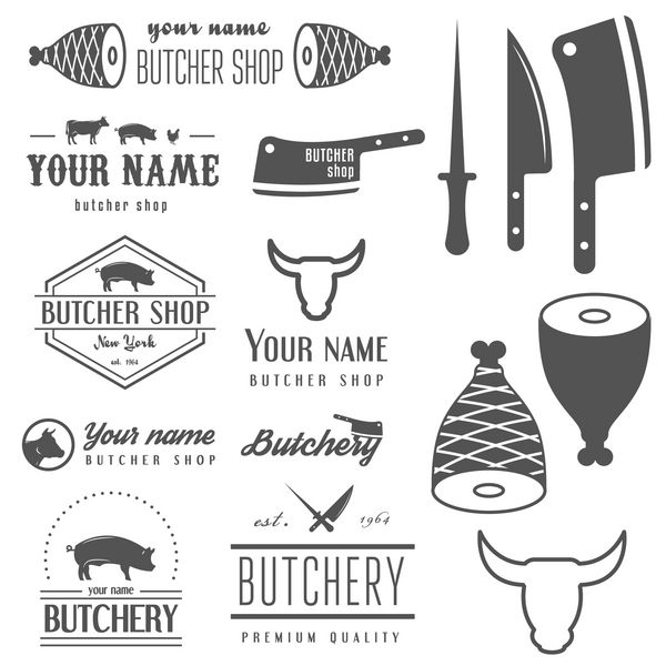 مجموعه ای از الگوهای برچسب های قدیمی و لوگوی فروشگاه گوشت قصابی و عناصر لوگو تایپ