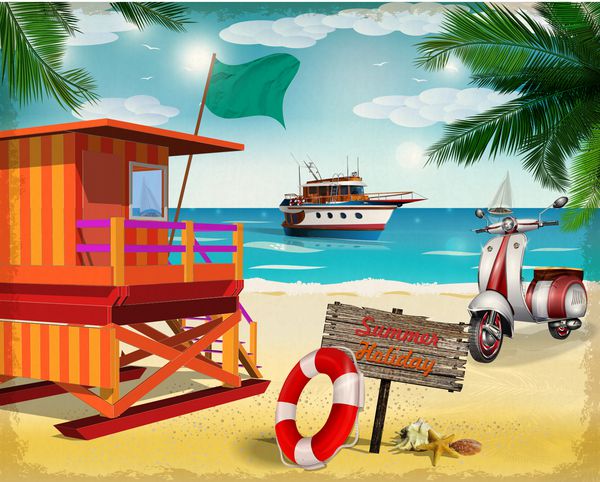 پوستر تابستانی با برج نجات غریق اسکوتر و قایق بادبانی