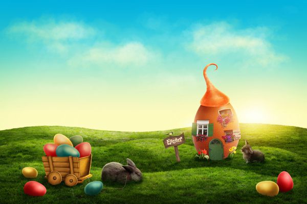 چمنزار عید پاک بهاری با خانه تخم مرغ و خرگوش