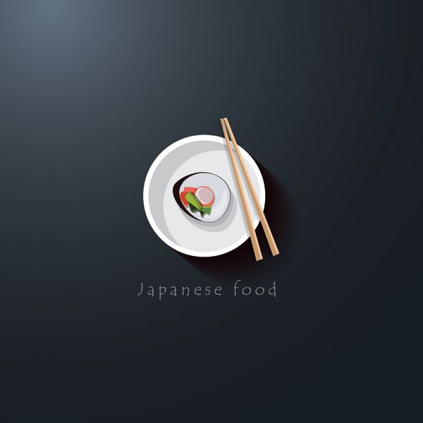 نماد لوگوی طراحی تخت غذای ژاپنی برای رستوران با هویت - بشقاب با سوشی و چوب غذاخوری - نمای بالا