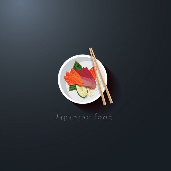 بشقاب غذای ساشیمی ژاپنی با چوب غذاخوری نماد لوگو سبک طراحی مسطح مد روز برای هویت رستوران جدا شده در پس زمینه تیره - غذاهای لذیذ ژاپنی - منظر از بالا