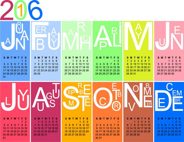 تقویم جازی رنگارنگ 2016 وکتور