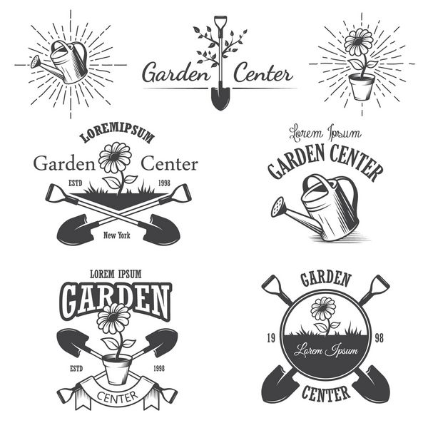 مجموعه ای از نمادها برچسب ها نشان ها آرم ها و عناصر طراحی شده مرکز باغ قدیمی سبک تک رنگ