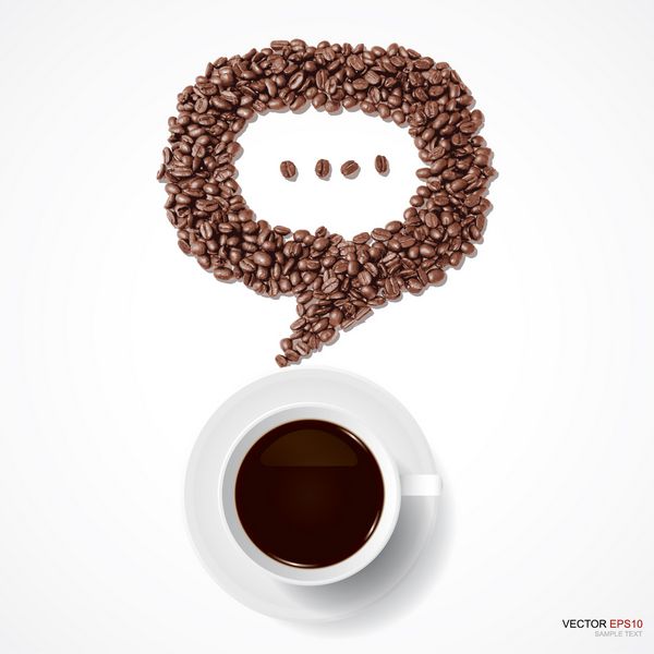 فنجان قهوه و حباب گفتار دانه های قهوه در پس زمینه سفید وکتور