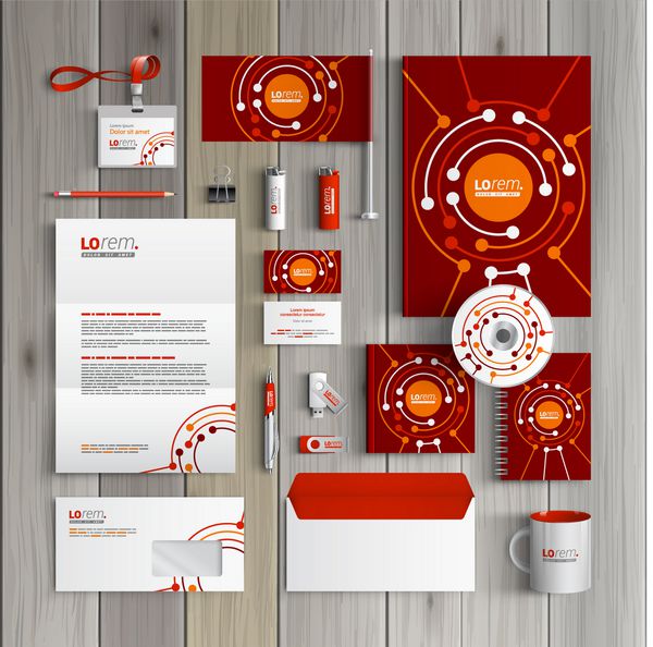 طراحی قالب هویت شرکتی قرمز با عناصر دیجیتال گرد لوازم التحریر تجاری