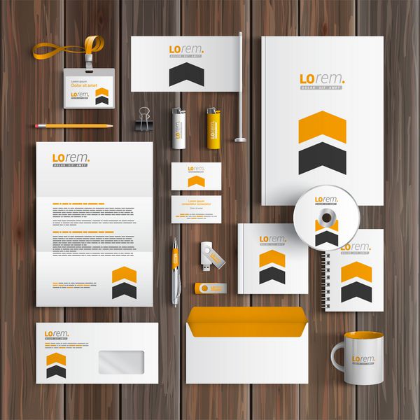 طراحی قالب هویت شرکتی سفید با فلش های زرد و مشکی لوازم التحریر تجاری