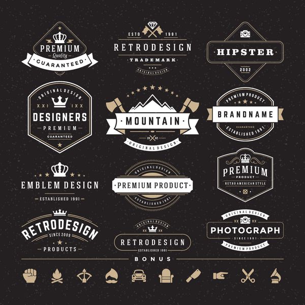 مجموعه ای از نشانه ها یا لوگوتایپ های قدیمی رترو عناصر طراحی برداری علائم تجاری لوگوها هویت برچسب ها نشان ها و اشیاء