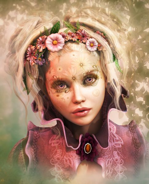 گرافیک کامپیوتری سه بعدی دختری با گل های رنگی در موهایش