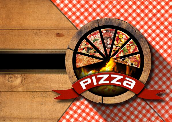 پیتزا - طراحی منوی روستایی پس زمینه چوبی با رومیزی قرمز و سفید نماد با تکه های پیتزا و شعله های آتش الگوی منوی پیتزای روستایی