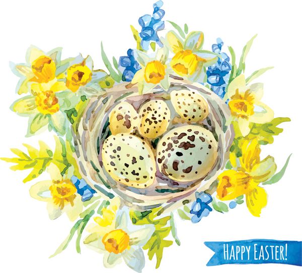 تخم مرغ در لانه با گل عید پاک مبارک کارت تبریک آبرنگ