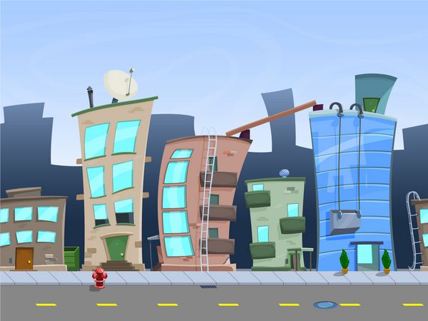منظره شهر کارتونی بدون درز وکتور پس زمینه بی پایان با جاده ساختمان ها و لایه های آسمان