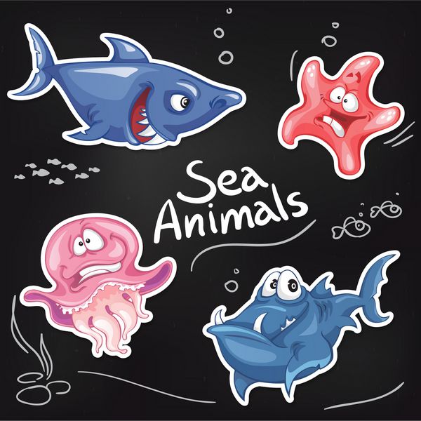 حیوانات دریایی به سبک کارتونی طراحی برچسب جالب روی تخته سیاه