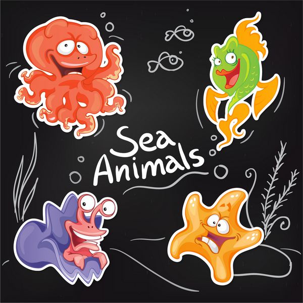 حیوانات دریایی به سبک کارتونی طراحی برچسب جالب روی تخته سیاه