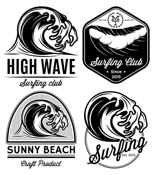 مجموعه ای از الگوهای وکتور برای طراحی لوگو با موضوع آب موج سواری اقیانوس دریا